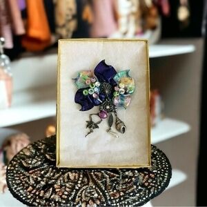 Jekari Designs Silver Tone Multicolor Crystal Floral Brooch Pin 2"x1.25" NIB